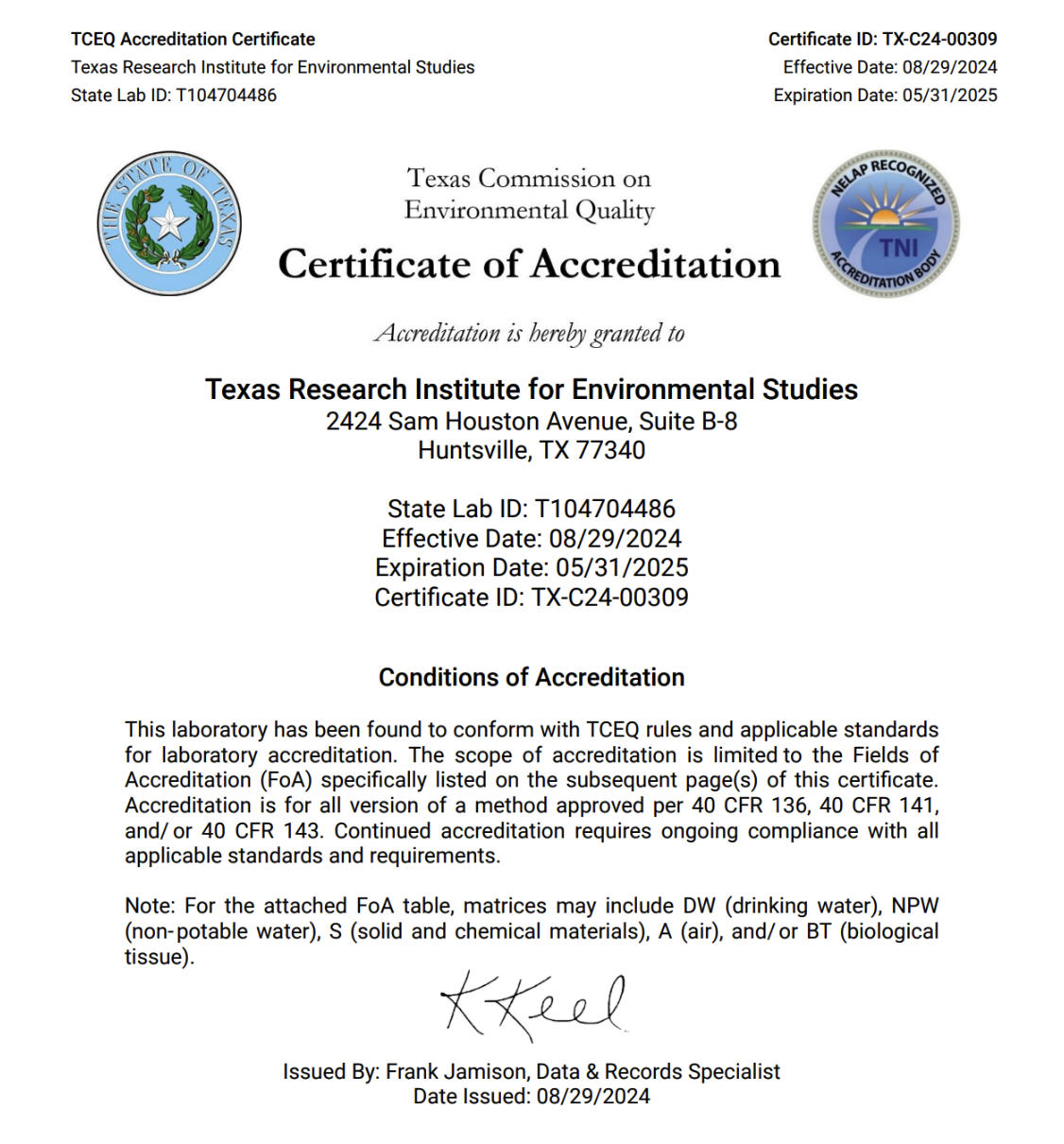 NELAP Accreditation SHSU